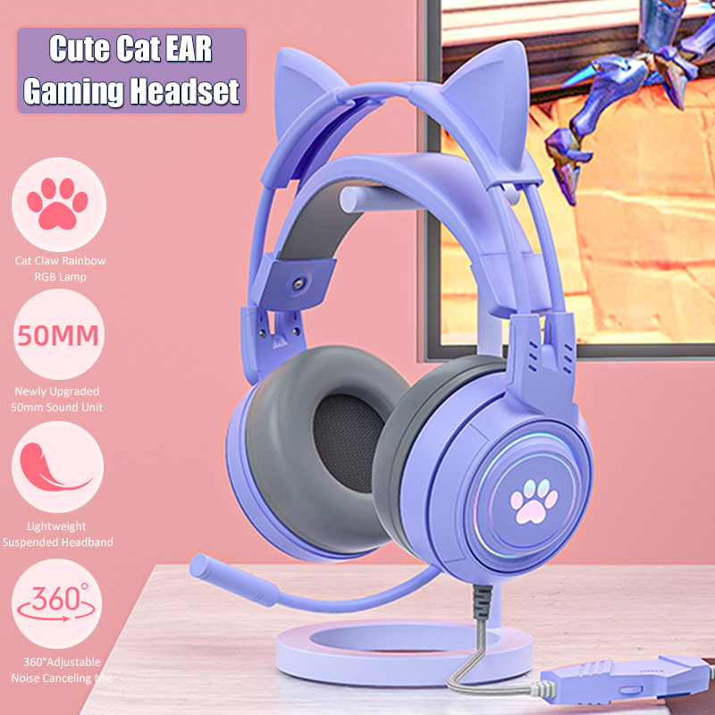 Pc Gaming Pink - سماعات أذن القط اللطيفة مع ميكروفون